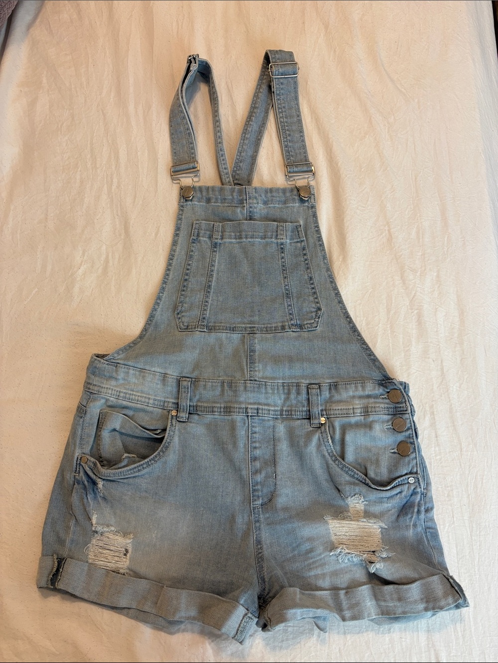 Dollhouse Light Blue Distressed Denim Short Overalls